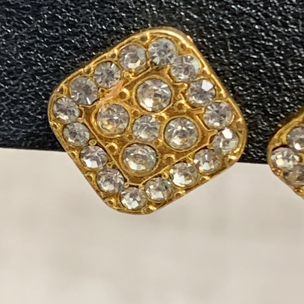 Gold Tone Square Pave Rhinestone Stud Earrings Clear Crystal Sparkle